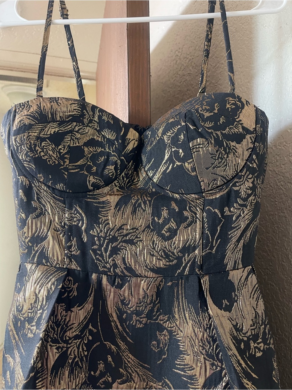 Fashion Nova Black and Gold Brocade Maxi Dress